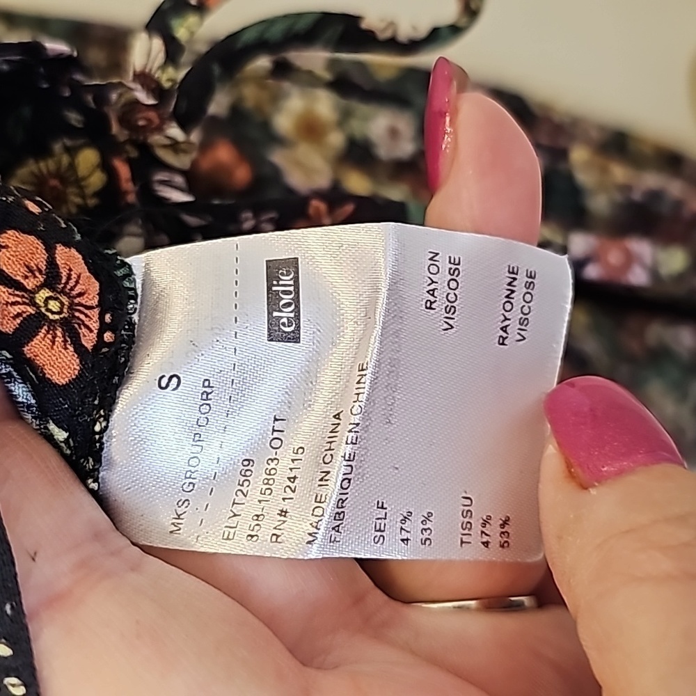 Elodie Floral Black Yellow Pink Elasticized Off Shoulder Rucshed Side Tie Top S - Picture 13 of 13